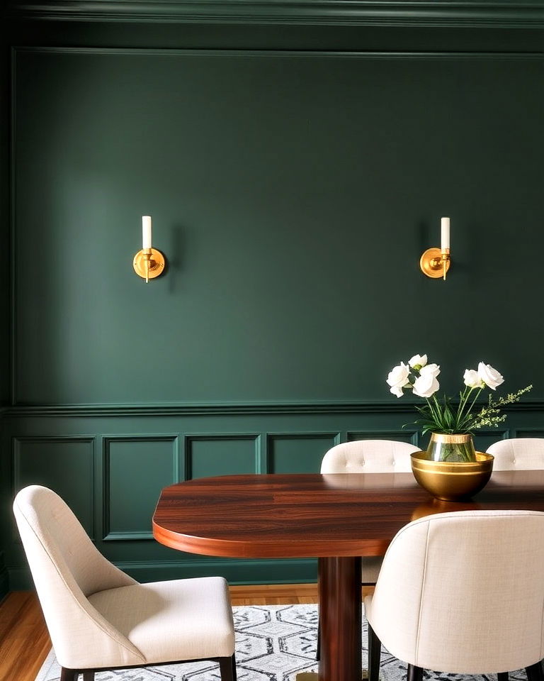 matte dark green wall with brass sconces