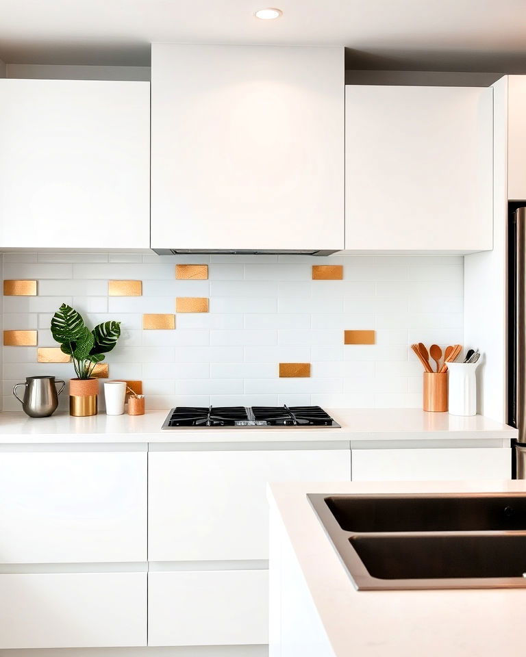 matte white tile backsplash with gold metallic inserts