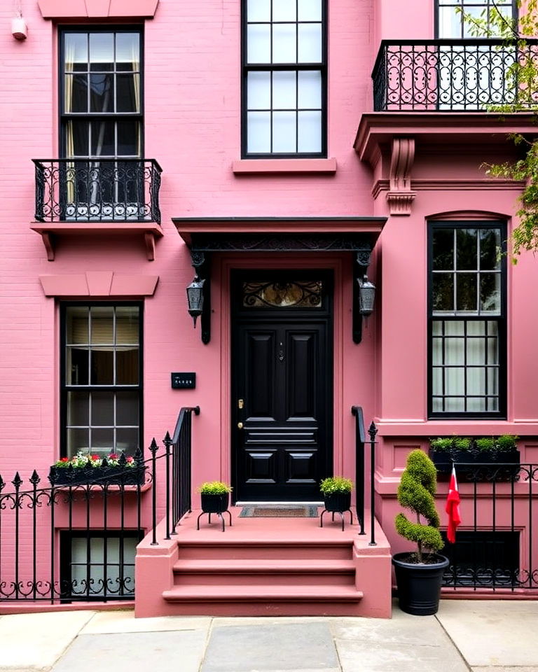 mauve pink house with black iron details