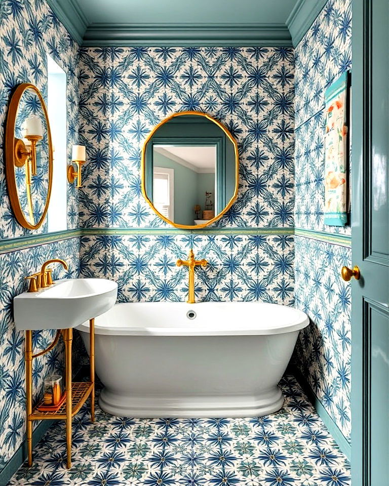 maximalist bathroom with bold tile