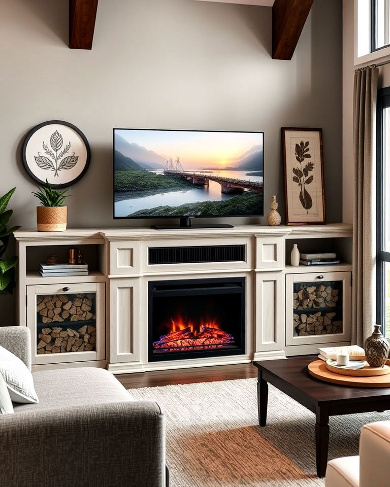 media console fireplace with storage