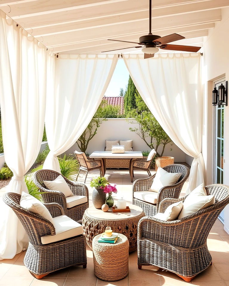 mediterranean shaded seating with white linen curtains