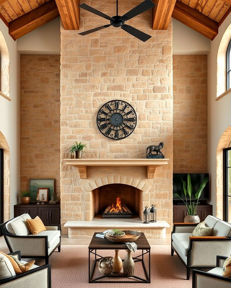 mediterranean style floor to ceiling stone fireplace