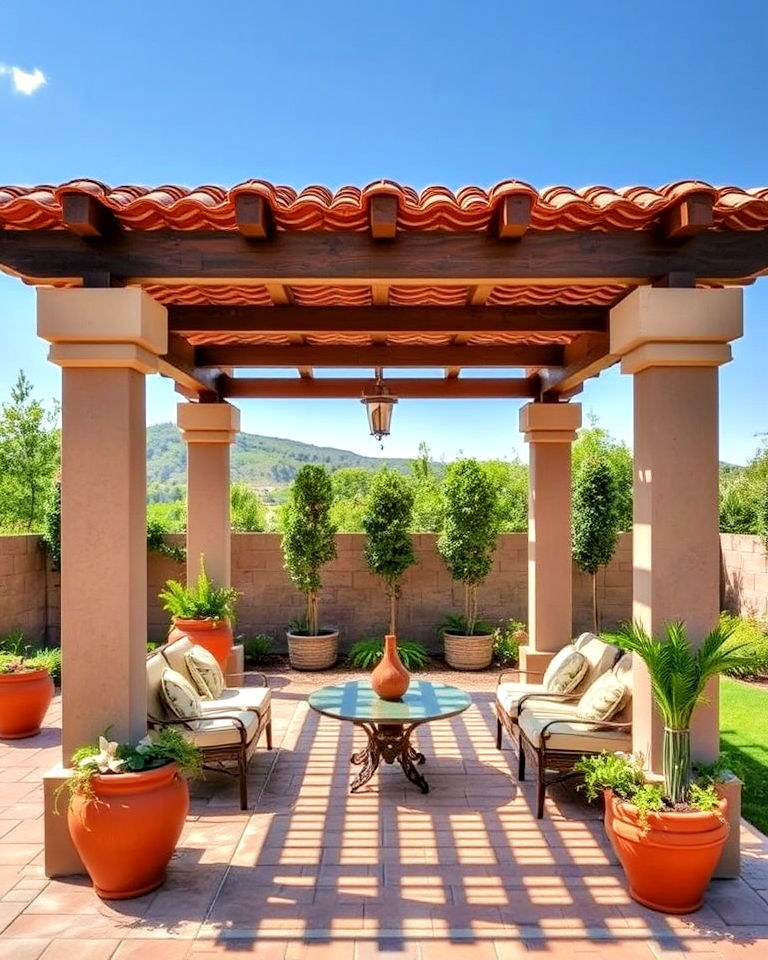 mediterranean style pergola with tile roof