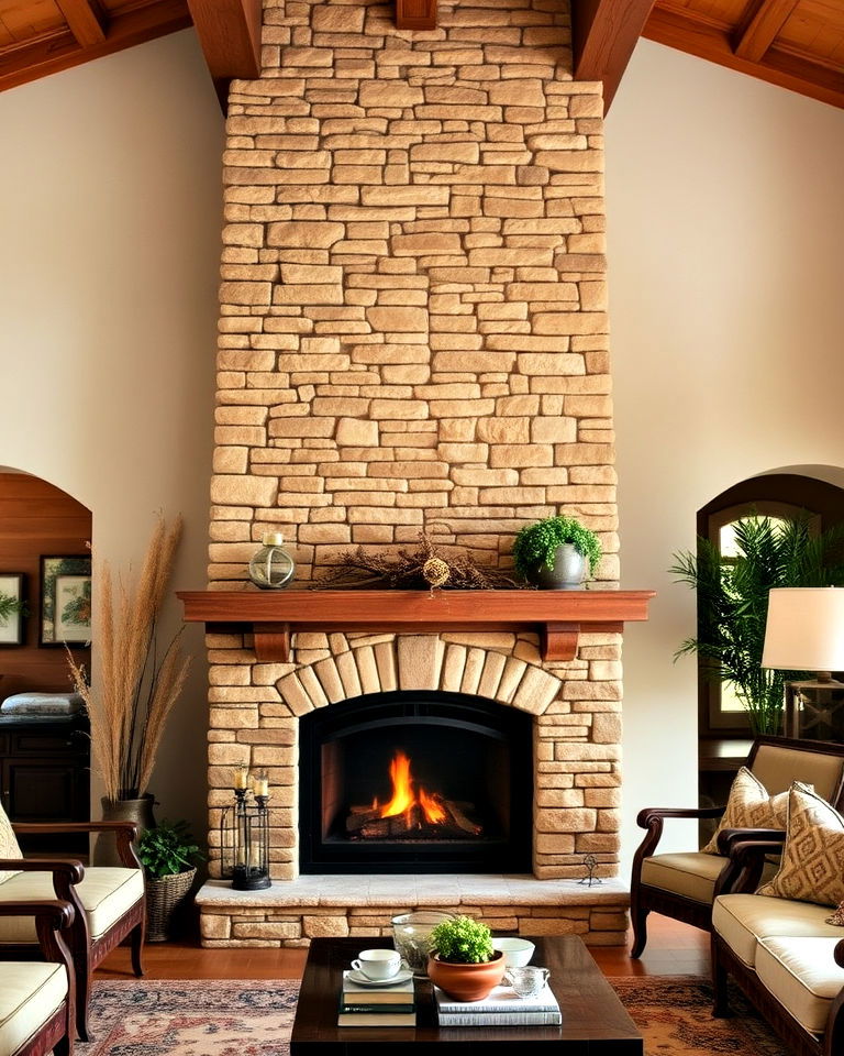 mediterranean style stacked stone fireplace