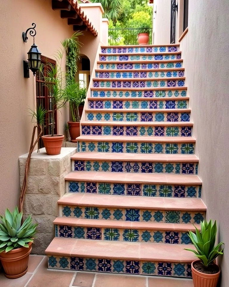 mediterranean tile accented staircase