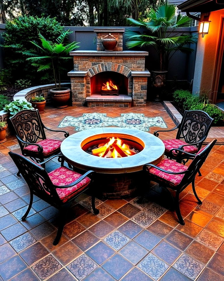 mediterranean tiled stamped concrete patio with round fire pit