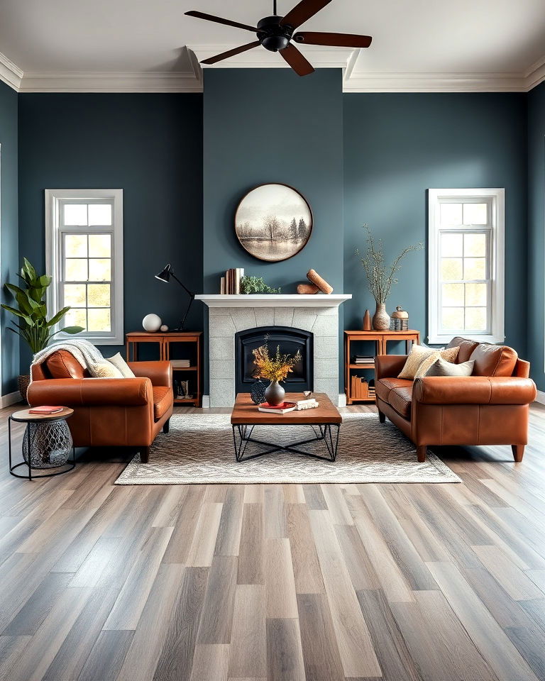 medium grey hardwood floor with slate blue living room wall