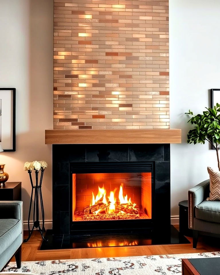 metallic backsplash tiles for fireplace