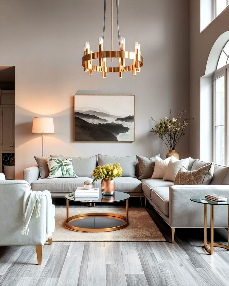 metallic finishes to add glamour to a grey living room flooring