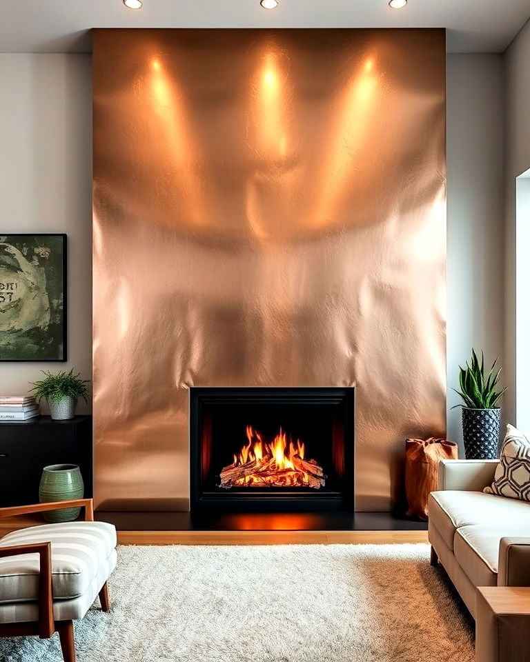 metallic fireplace accent wall