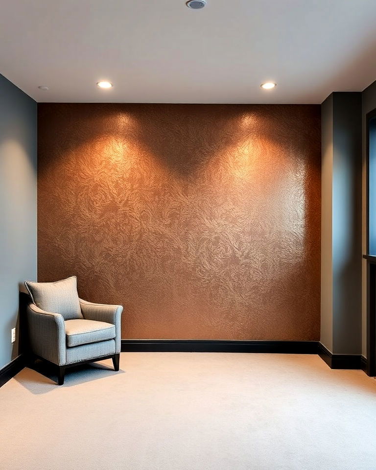 metallic wallpaper accent wall for basement