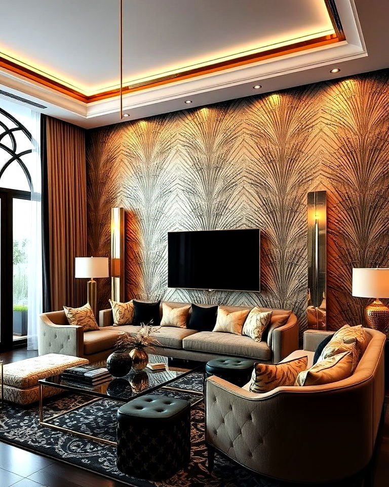 metallic wallpaper for art deco living room