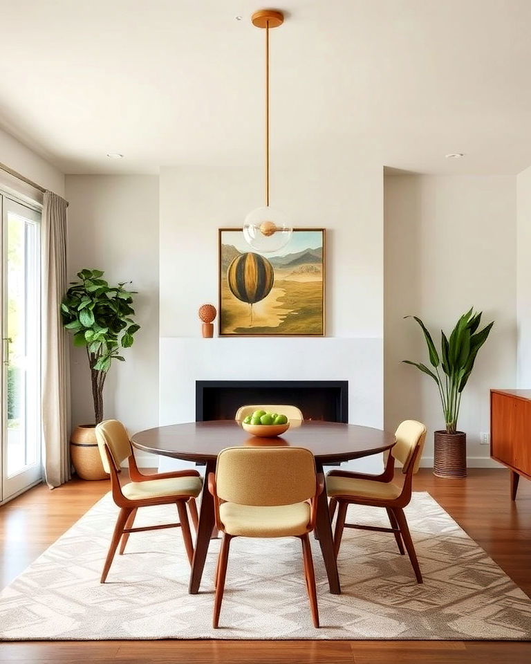 mid century modern dining room with fireplace