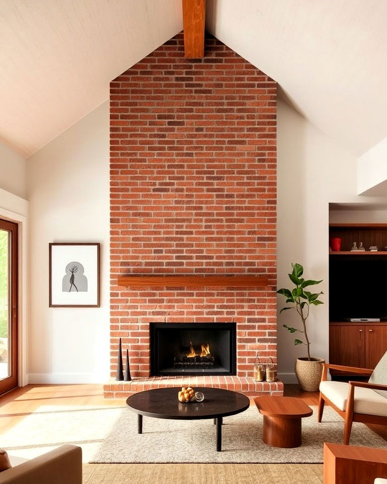 mid century modern fireplace beneath vaulted ceilings