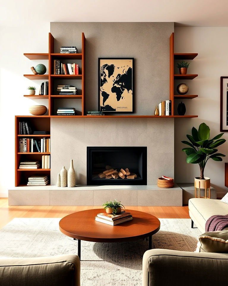 mid century modern fireplace with asymmetrical shelves