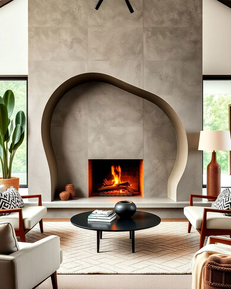 mid century modern fireplace with sculptural surround