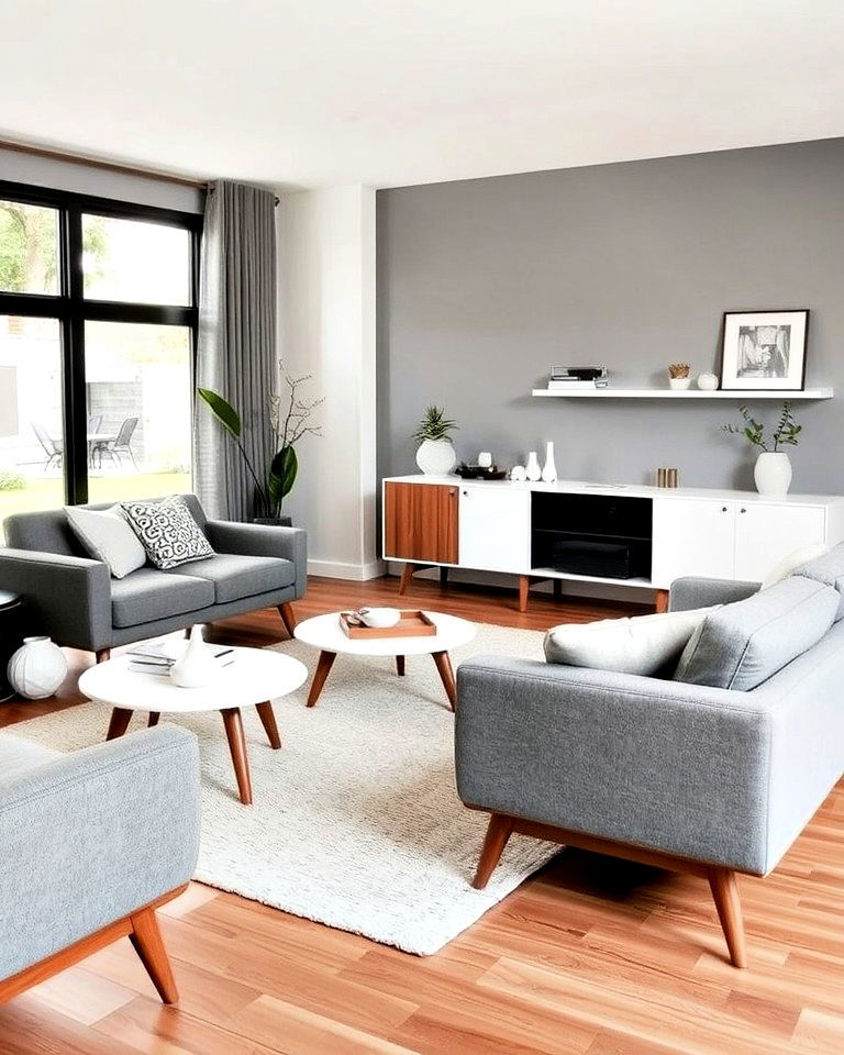 mid century modern grey and white living room