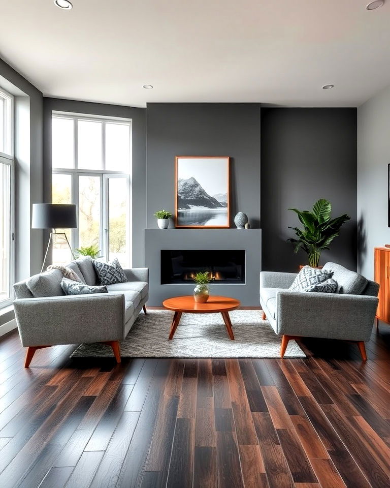 mid century modern grey living room with dark wood floor