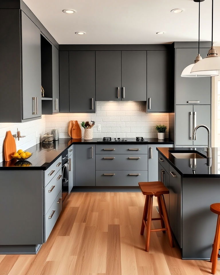 mid century modern kitchen with gray cabinets and black countertop