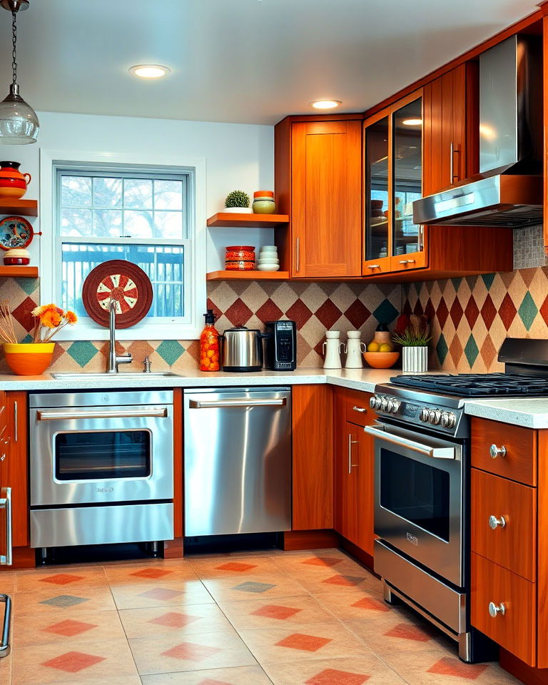 mid century modern kitchen with stainless steel appliances