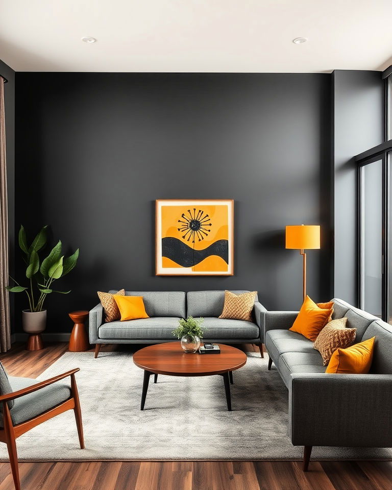 mid century modern living room with grey accents