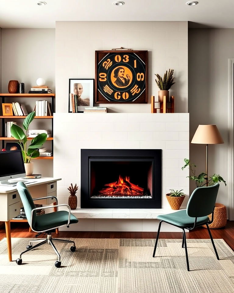 mid century modern office with retro fireplace