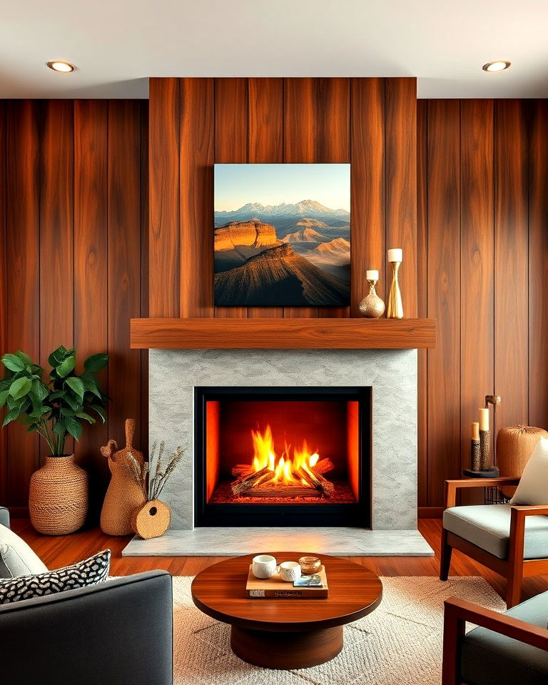 mid century modern wood paneling and fireplace combo