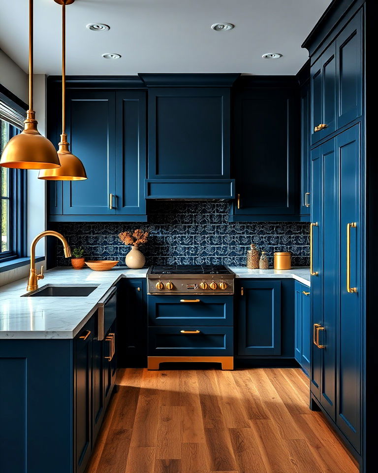 midnight blue cabinets kitchen with gold latches