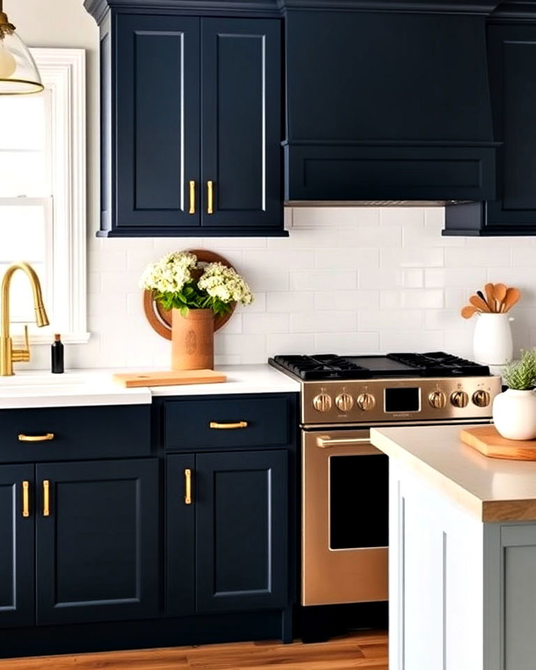 midnight blue cabinets with gold hardware