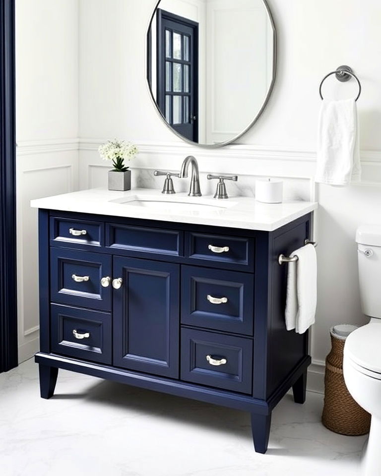 midnight blue vanity with marble top