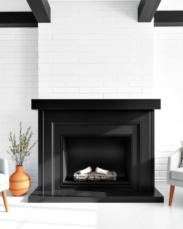 minimalist black framed fireplace with white tile