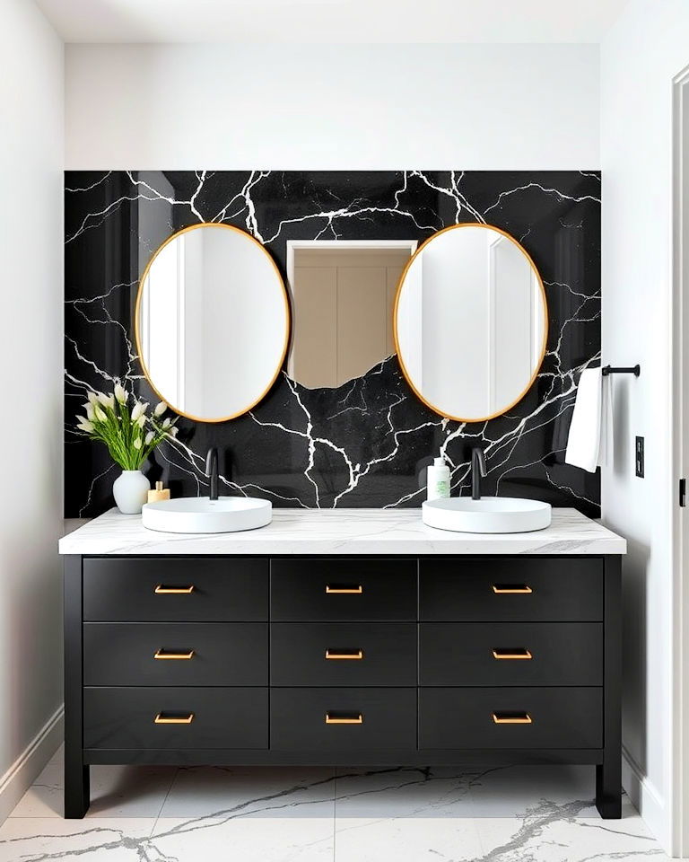 minimalist black marble backsplash behind the vanity