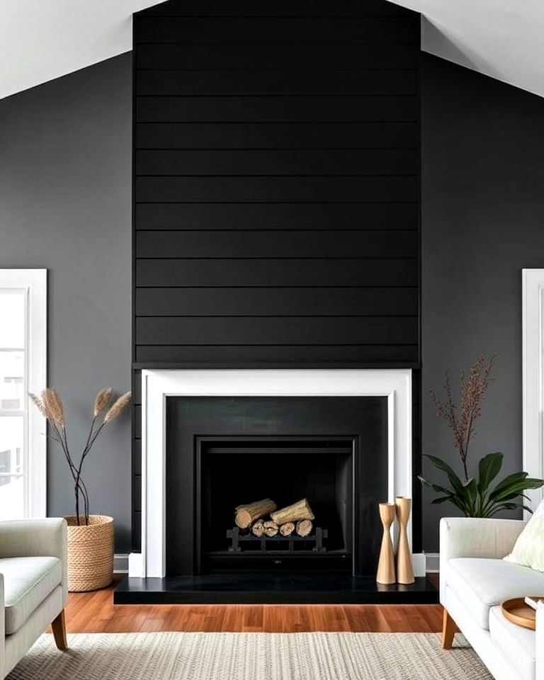 minimalist black shiplap fireplace