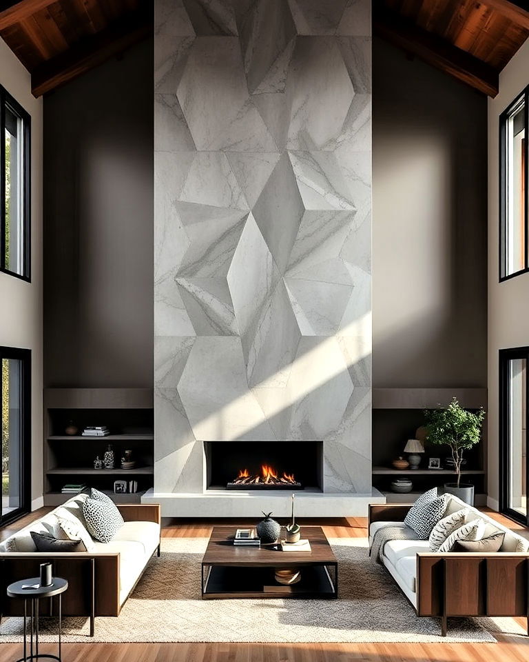 minimalist concrete fireplace with geometric shapes