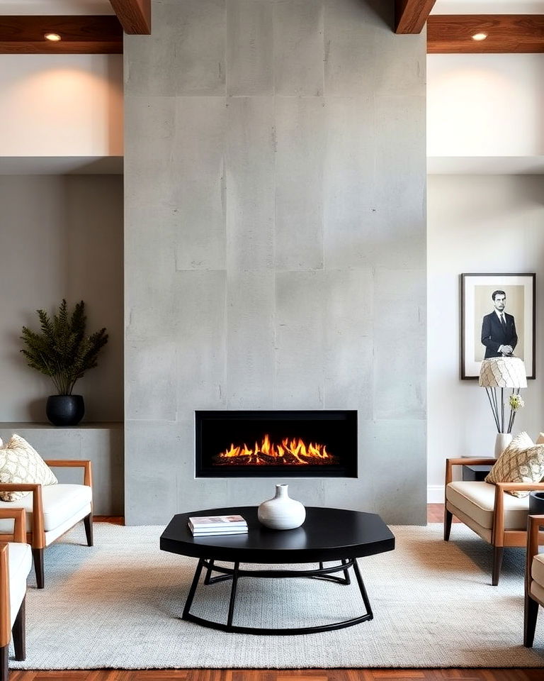 minimalist concrete surround gas fireplace