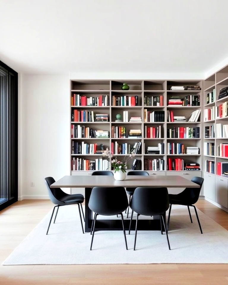 minimalist dining room with floor to ceiling shelves