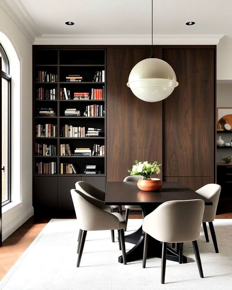 minimalist dining room with hidden library
