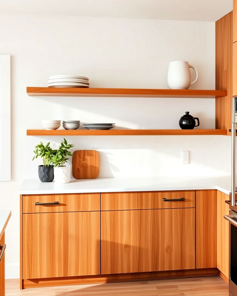 minimalist floating shelves with natural cherry cabinets