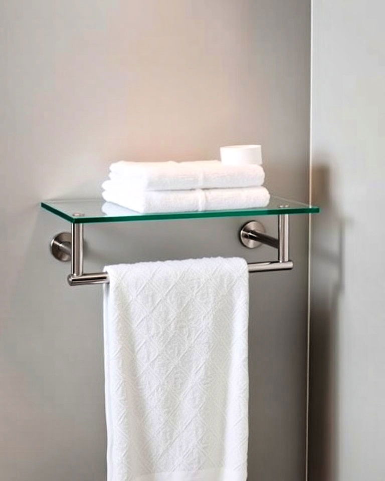 minimalist glass shelf with a sleek towel bar