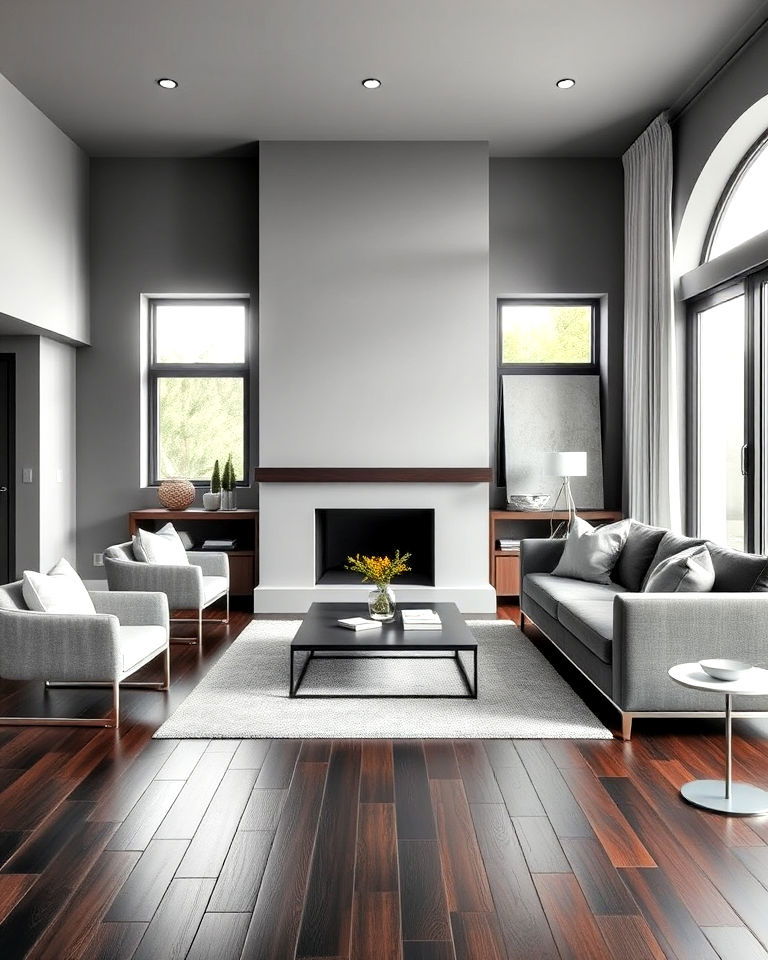 minimalist grey living room with dark wood