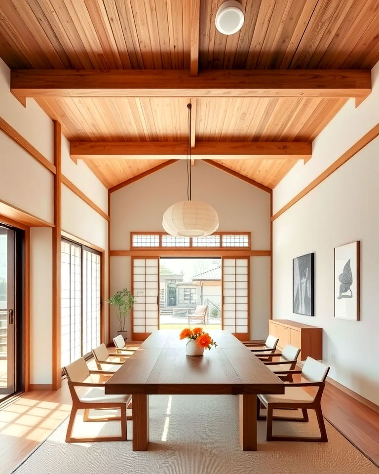 minimalist japanese dining room wooden beams