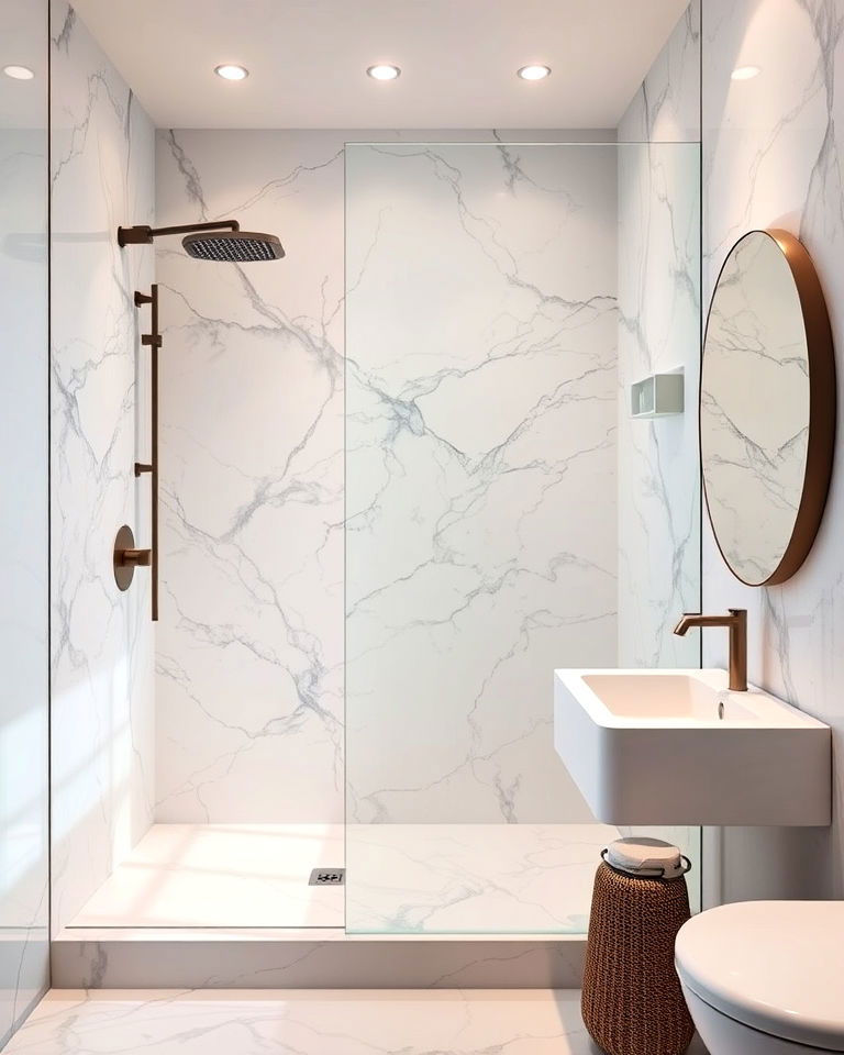 minimalist marble accents aesthetic bathroom