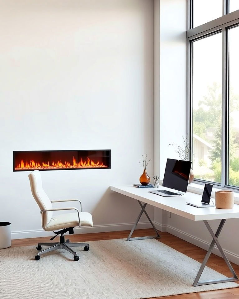 minimalist office with linear fireplace