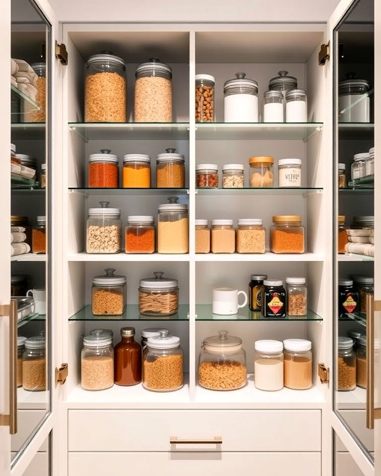 minimalist pantry with glass shelving