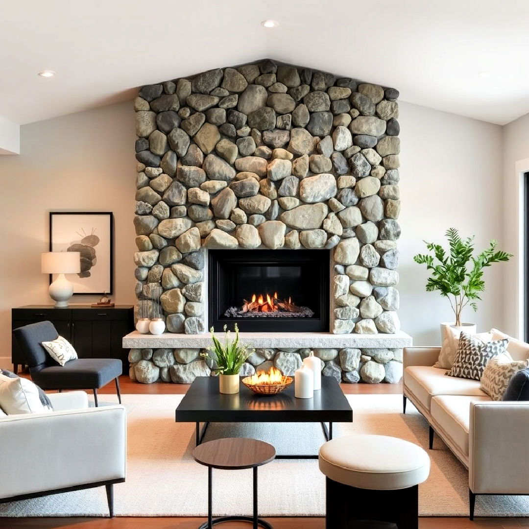 minimalist river rock fireplace