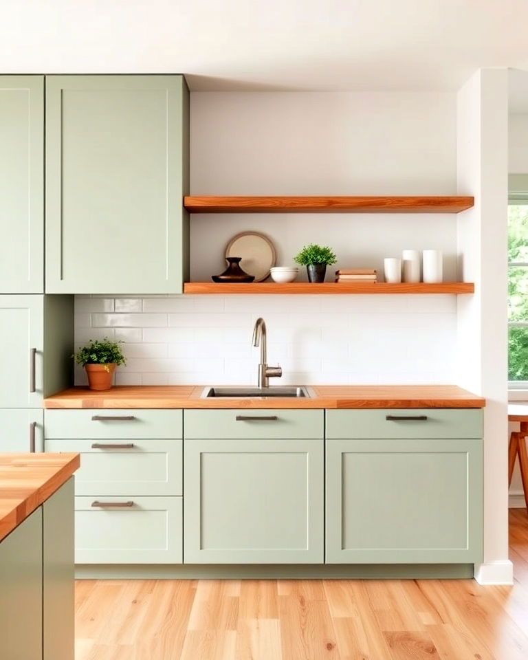 minimalist sage green cabinets and floating butcher block shelves