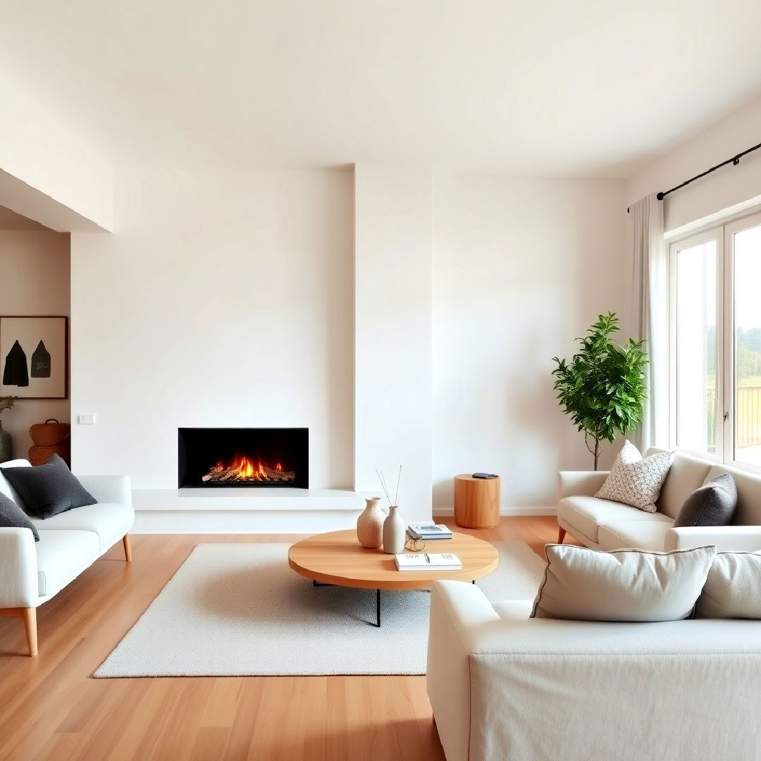 minimalist scandinavian inspired off center fireplace