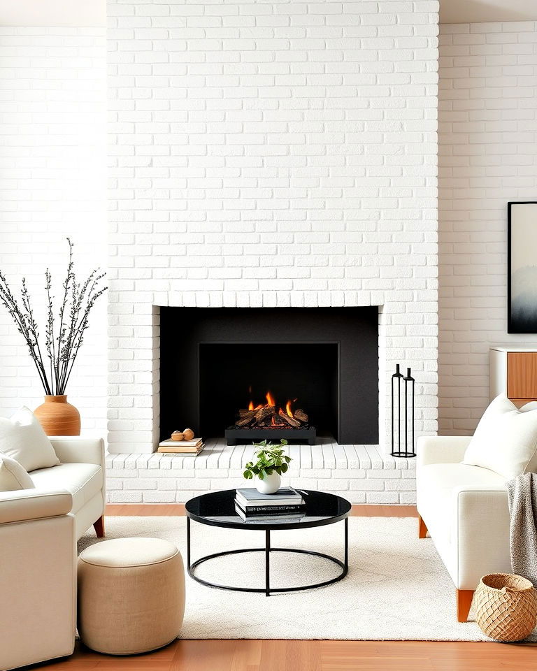 minimalist white brick fireplace