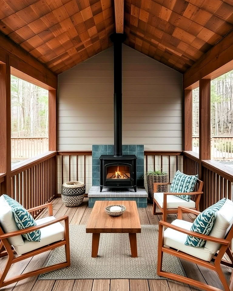 minimalist wood burning stove for covered deck